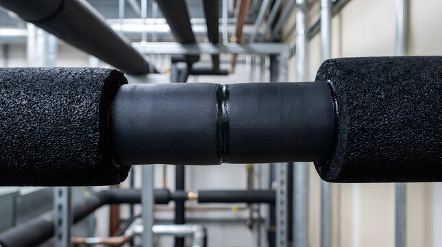 Industrial pipe insulation close up|HVAC thermal insulation foam tubes|Energy efficiency in mechanical room|Professional plumbing pipe wrapping