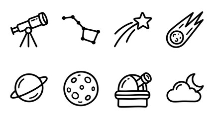 Doodle Icons: Telescope, Planets, Stars, Moon, Comet, Constellation, Observatory, Night Sky © keenan