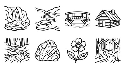 Nature Scene Elements: Waterfall, Stepping Stones, Bridge, Cabin, River, Rock, Flower, Forest Path © keenan