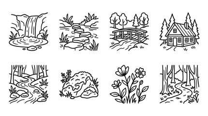 Nature Landscape Icons: Waterfall, Stream, Bridge, Cabin, Forest, Rock, Flowers © keenan
