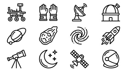 Space Exploration Icons: Rocket, Satellite, Telescope, Rover, Astronaut Helmet, Nebula, Moon © Sugar
