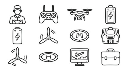 Drone Technology Icons Set: Quadcopter, Remote, Battery, Propeller, Landing Pad, Monitor © keenan