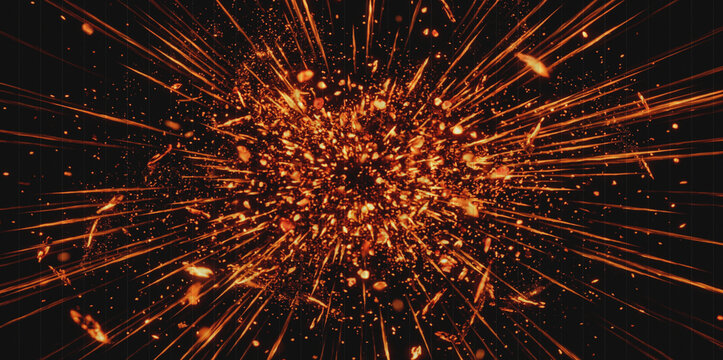 Fiery Orange Explosion Particles Background - Sparks and Debris Bursting on Black, Dynamic Blast Effect