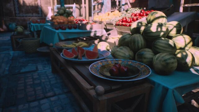 Ripe melon and pomegranate, Souq Waqif arranged on plate at wooden stall, warm low light and tactile textures suggest vendor prep and seasonal bounty ready