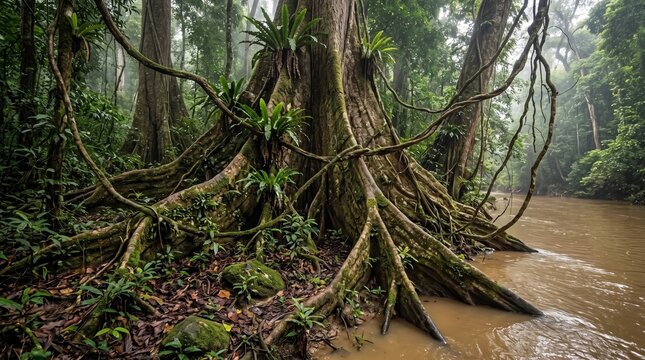 Ancient Jungle Riverbank: A colossal ancient tree with massive exposed roots and lush vines dominates the bank of a muddy river in a dense, humid jungle.