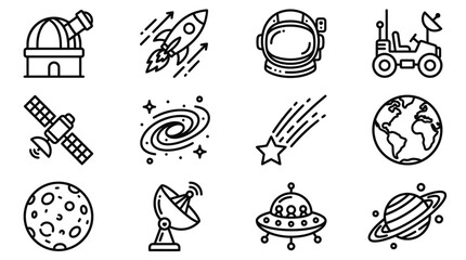 Space Exploration Icons: Rocket, Astronaut, Planet, Satellite, UFO, Observatory © Sugar