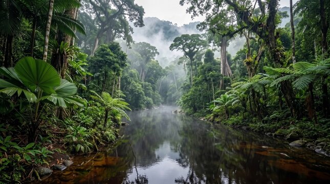 Misty Rainforest River: A tranquil river flows through a dense, misty rainforest, surrounded by lush vegetation, ancient trees, and a mystical fog, creating an atmosphere of serene wilderness.