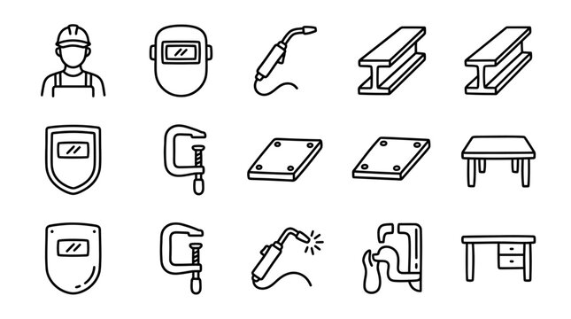 Welding Tools and Materials Icons: Worker, Mask, Torch, Steel Beams, Clamp, Table