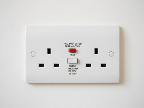 UK RCD protected double socket | Residual current device with test and reset buttons | BS 7288 electrical outlet for home safety | 13 amp dual power socket white wall mount