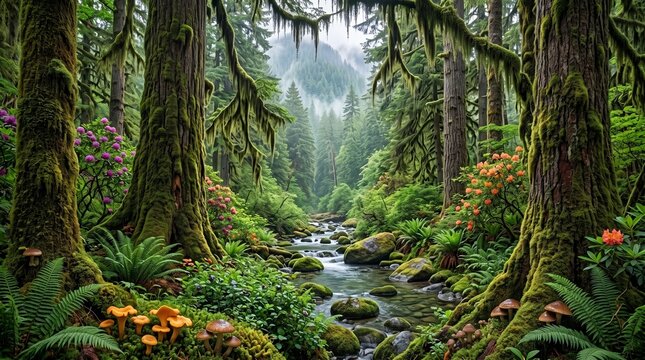 Mystical Forest Stream: A serene forest scene with a clear stream flowing through lush, moss-covered trees and vibrant undergrowth, creating an enchanting and tranquil natural sanctuary.
