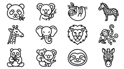 Cute Outline Animals Icons Set: Panda, Koala, Sloth, Zebra, Giraffe, Elephant, Lion, Monkey © Sugar