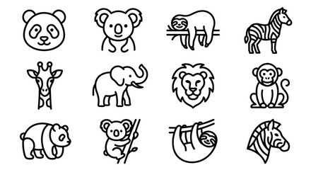 Fototapeta premium Cute Cartoon Animal Icons: Panda, Koala, Sloth, Zebra, Giraffe, Elephant, Lion, Monkey