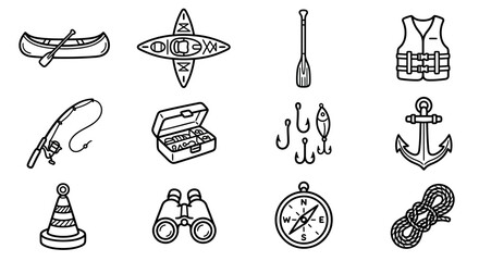 Outdoor Adventure Icons: Canoe, Kayak, Fishing Gear, Life Vest, Compass, Anchor © keenan