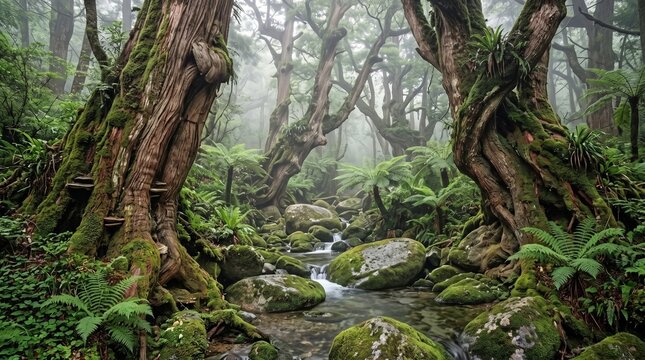Mystical Forest Stream: Ancient, moss-covered trees create a cathedral-like canopy over a clear forest stream, with ferns and rocks lining its path, evoking a sense of enchantment and primeval beauty.