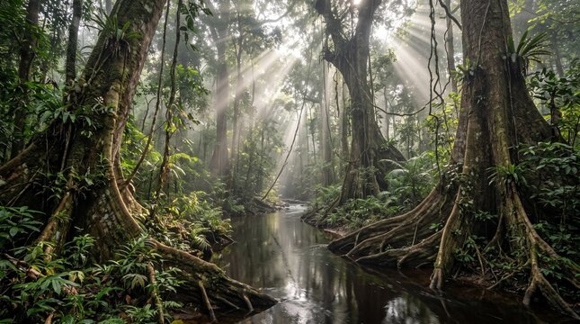 Mystical Jungle River: Sunbeams pierce the dense canopy of an ancient rainforest, illuminating a winding river flowing through a verdant jungle filled with colossal trees and lush vegetation.
