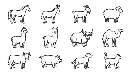 Fototapeta premium Farm Animals Collection - Horse, Donkey, Goat, Sheep, Llama, Yak, Camel, Cow, Pig, Dog, Cat