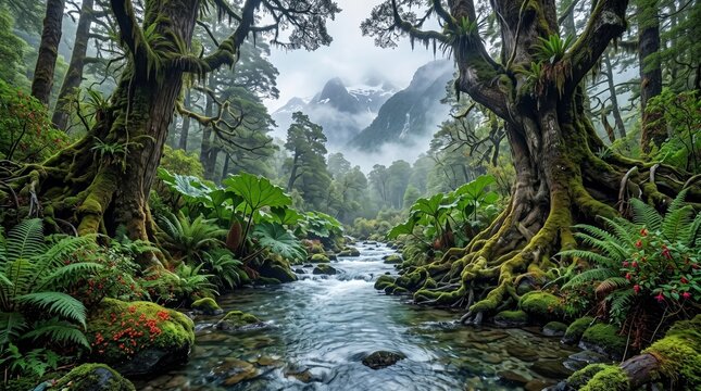 Misty Mountain Forest Stream: A serene forest stream flows through a lush, green, ancient woodland, with gnarled trees covered in moss and ferns, leading towards misty mountains in the background.