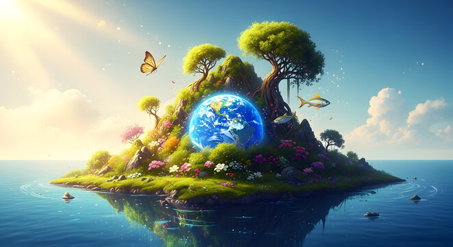 Celebrating world day lush island with earth globe for environmental awareness