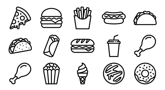 Fast Food Icons Collection: Pizza, Burger, Fries, Hot Dog, Taco, Burrito, Sandwich, Drink, Chicken