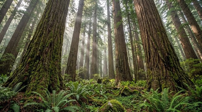 Majestic Redwood Forest: Sunlight streams through the canopy of towering redwood trees, illuminating a lush undergrowth of ferns and moss. This ancient forest evokes a sense of awe and tranquility.