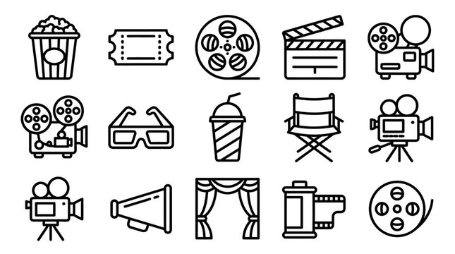 Cinema Icons Set: Popcorn, Ticket, Film Reel, Clapperboard, Camera, 3D Glasses, Drink