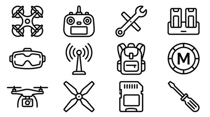Drone Technology Icons: Quadcopter, VR Goggles, Controller, Tools, SD Card, Battery © Sugar