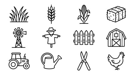 Farming Icons Set: Tractor, Barn, Windmill, Scarecrow, Chicken, Wheat, Corn, Hay, Fence, Grass © keenan
