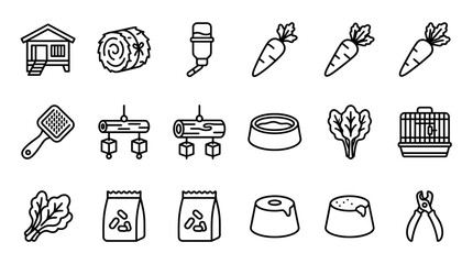 Pet Care Icons: Rabbit Hutch, Hay, Water Bottle, Carrots, Brush, Toys, Food Bowl, Greens, Cage © Sugar