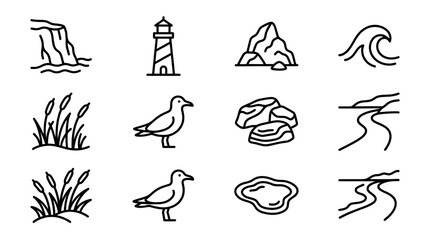 Obraz premium Coastal Icons: Cliff, Lighthouse, Wave, Seagull, Reeds, Rocks, River, Pond - Line Art Set