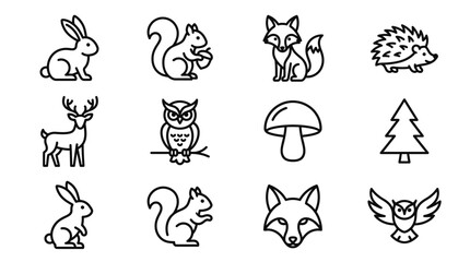 Fototapeta premium Forest Animal Icons Set: Rabbit, Squirrel, Fox, Hedgehog, Deer, Owl, Mushroom, Tree