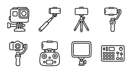 Action Camera, Gimbal, Selfie Stick, Tripod, Drone Controller, LED Light, Audio Mixer Icons © keenan