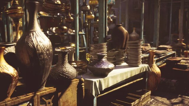 Sunlit bazaar table filled with ceramics, wide view abundant vases and terracotta jars, warm golden light, busy street backdrop, merchant display showcasing