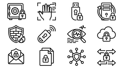 Fototapeta premium Cyber Security Icons: Data Protection, Network Security, Biometrics, Cloud Storage, Safe, USB