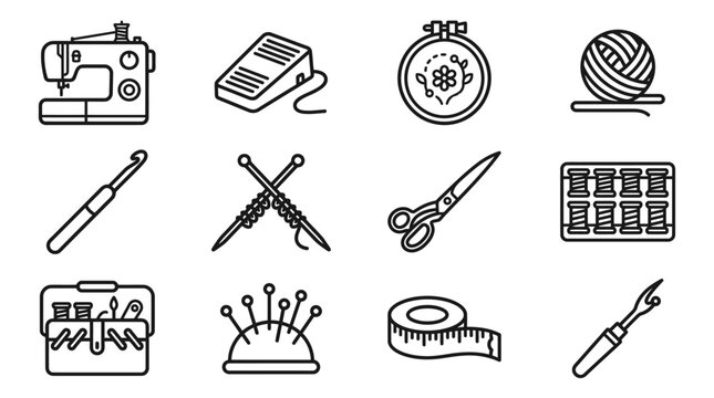 Sewing and Knitting Icons: Sewing Machine, Yarn, Scissors, Needles, Crochet Hook, Tape Measure