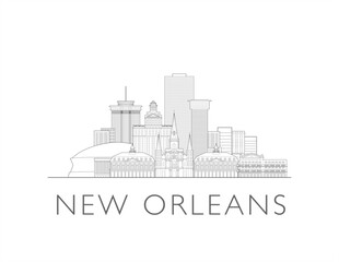 Obraz premium New Orleans city Louisiana skyline, USA. Urban cityscape with landmarks and monuments. Hand drawn line art digital skyline illustration.