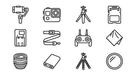 Gadget Icons: Gimbal, Camera, Drone Remote, SD Card, Power Bank, Tripod, Lens © Sugar