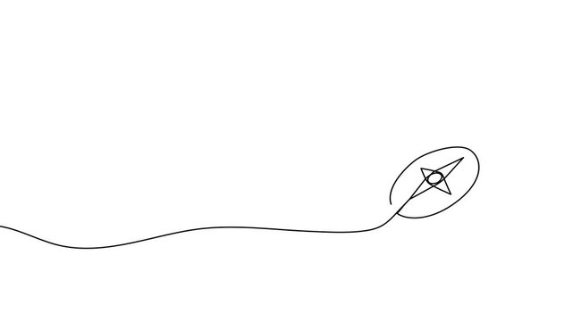 Continuous line compass illustration for adventure and travel concepts. Hand-drawn navigational icon with minimalist outline style perfect for journey maps and camping guides.