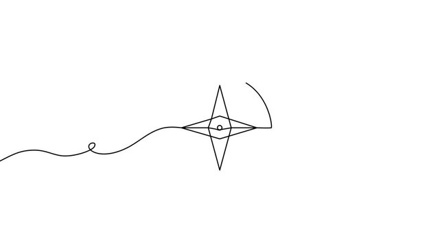 Continuous line compass illustration for adventure and travel concepts. Hand-drawn navigational icon with minimalist outline style perfect for journey maps and camping guides.