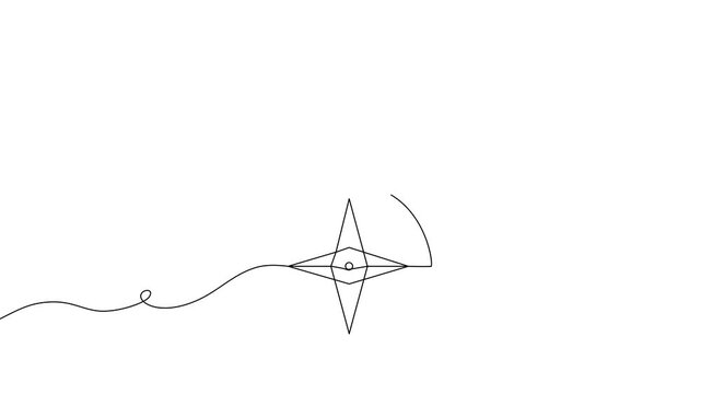 Continuous line compass illustration for adventure and travel concepts. Hand-drawn navigational icon with minimalist outline style perfect for journey maps and camping guides.