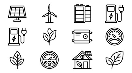 Eco Energy Icons: Solar Panel, Wind Turbine, Battery, EV Charging, Leaf, Boiler, Gauge, House © Sugar