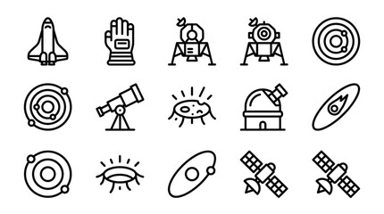 Space Exploration Icons: Rocket, Astronaut Glove, Lunar Lander, Telescope, Satellite, Planets © Sugar