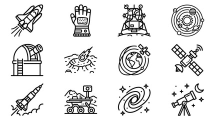 Space Exploration Icons: Rocket, Astronaut Glove, Moon Lander, Solar System, Telescope © Sugar