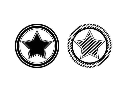 Vintage star emblem set, black and white circular badge icons, retro military style star symbols, distressed graphic design elements for logos