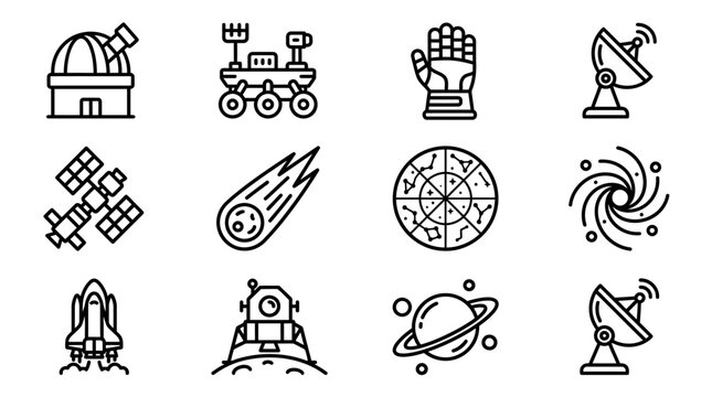 Space Exploration Icons: Rocket, Rover, Satellite, Telescope, Astronaut Glove, Comet, Galaxy