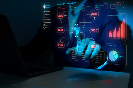 Businessman using cyber security dashboard. Professional monitoring network data analytics.