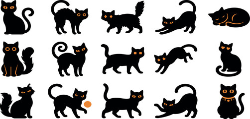 Fototapeta premium Set of black cat silhouettes in various poses isolated on a white background for halloween design projects