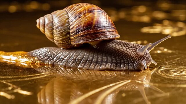 Close up view of a slow snail crawling on a shiny golden surface with reflections and patterns