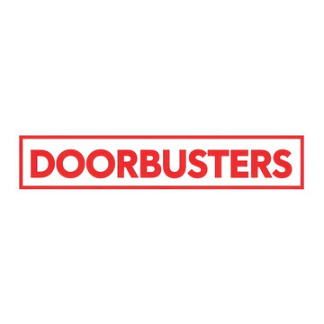 Doorbusters red promotional stamp on white background, retail sale marketing sign, bold typographic doorbuster discount label for shopping events