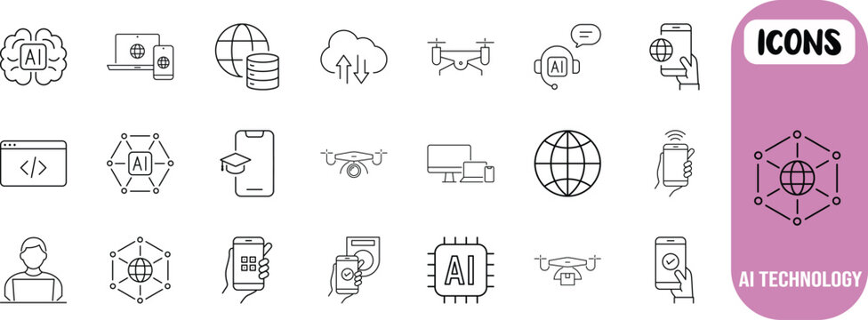 Artificial intelligence global technology icons. brain icon set, drone icon set, globe icon set