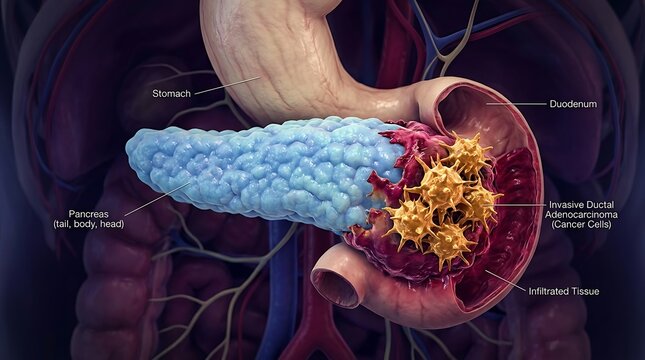 3d medical illustration of pancreatic cancer showing invasive ductal adenocarcinoma in the pancreas